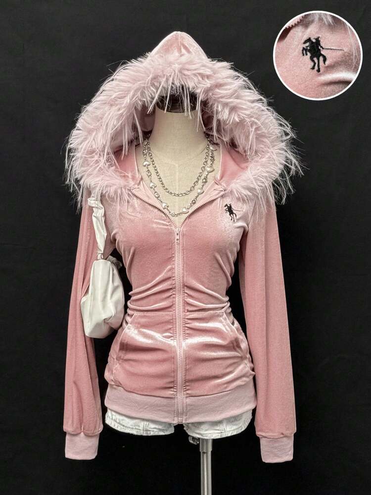 StreetHx Veste décontractée à capuche avec fermeture éclair et col en fourrure, imprimé chevalier, manches longues pour femmes