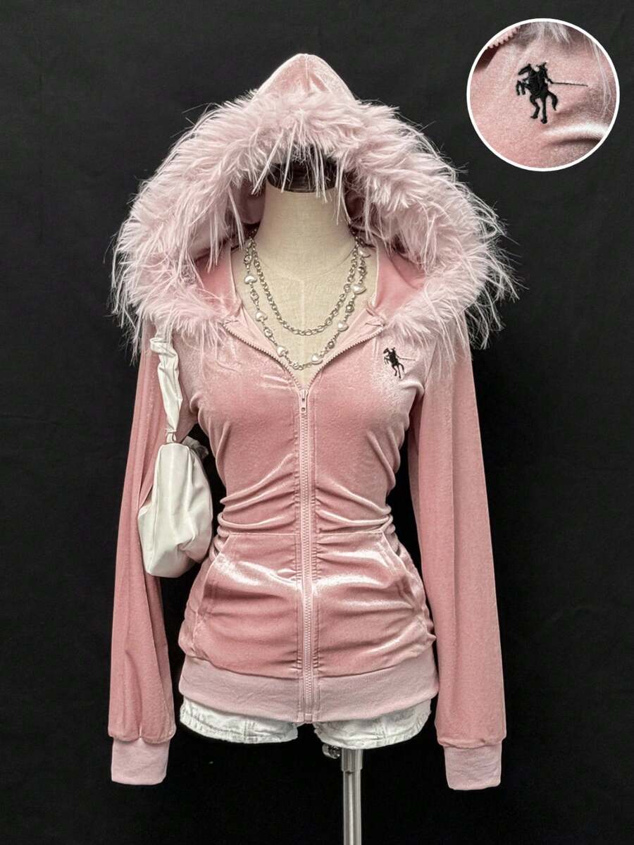 StreetHx Women's Embroidered Velvet Long Sleeve Zip Front Hooded Casual Jacket With Fur Collar, Light Pink Hoodies For Women Zip Up, With - Pink - View 1