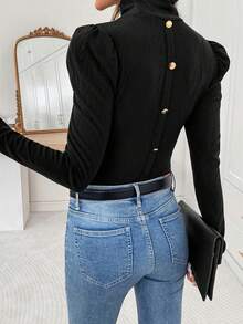 SHEIN Clasi 女士优雅高领针织弹力羊角袖修身T恤，适合日常穿着及多种场合，秋冬黑色上衣，新年冬季必备 - 黑色 - 查看 6