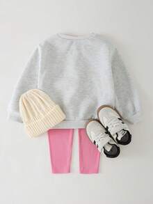 THE HAPPY LOOK 2pcs/Set Young Girl Letter Print Soft Knit Crew Neck Long Sleeve Sweatshirt And Elastic Waist Pants - Pink - View 2