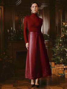 Anewsta Áo len dệt kim cổ đứng dáng ôm, màu trơn cổ chữ V thanh lịch dành cho nữ, mùa thu/đông - Đỏ - Xem 5