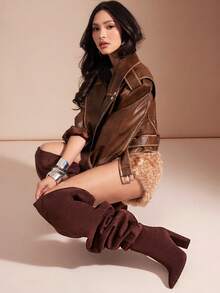 SHUZIA New Women's Chocolate Brown Faux Suede Point Toe Sexy Over The Knee Slouchy Chunky Heel Wide Calf Dance Holiday Party Fall Winter Boots - Chocolate Brown - View 3