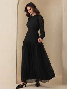 Graceveil Women's Elegant Chiffon Round Neck Decorative Button Dress, Black, Autumn/Winter - Black - View 5