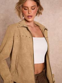 Glamine Áo khoác lông cừu giả da lộn ngắn đính đinh tán màu lạc đà cổ điển dành cho nữ, Thu/Đông - Lạc đà - Xem 4