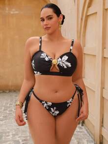 Swim Oasis Plus Size Women 3-Piece Printed Shell Decor Backless Bikini And Mesh Maxi Dress Swimwear Set, Summer Vacation - Multicolor - View 4