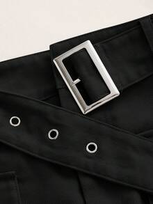 SHEIN EZwear Plus Size Women's Casual Black Cargo Mini Skirt, Autumn/Winter ,Christmas, New Year,Thanksgiving,Party,Wedding,Beach,Graduati,Chic,Elegant,Casual,Going Out,Date,Appointment, Commute - Black - View 2