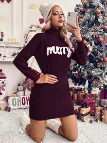 LanaWest Lässiges rotes, besticktes Rollkragenkleid mit weihnachtlichem Buchstabenprint für Damen, Herbst/Winter, ideal für Silvester - Violett - Übersicht 3