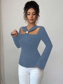 Elenzga 女士优雅通勤纯色镂空喇叭袖T恤 - 霧霾藍 - 查看 3