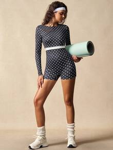 VARSIVA Women's Polka Dot Print Open Back Tie Design Long Sleeve Jumpsuit Shorts - Black and White - View 3