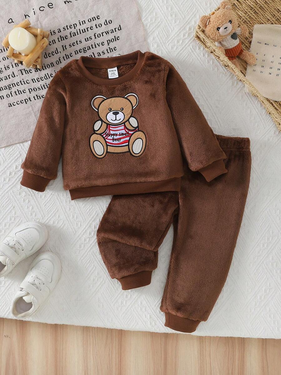 SHEIN Playful Pals 可爱圆领毛绒男婴服装 - 棕色 - 查看 1