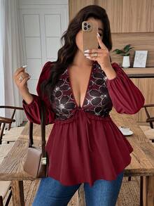 EMERY ROSE Plus Size Women V-Neck Sequin Patchwork Ruffle Hem Bowknot Blouse, Autumn/Winter - Burgundy - View 1