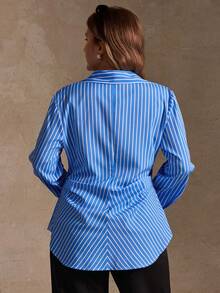 SHEIN LUNE Plus Size Women Asymmetric Hem Wrap Striped French Style Casual Shirt With Waist Gathering, Autumn/Winter - Blue - View 2