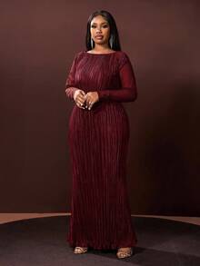 Veslaya 秋冬新品，优雅百搭，适合派对、约会、晚宴、毕业典礼、生日、婚礼等场合，宽松纯绿色网纱拼接长袖A字褶皱长裙，大码 - A - 紅色 - 查看 4