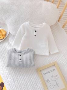 SHEIN 2pcs Newborn Baby Boy/Girl Grey & White Autumn/Winter 2 Pieces Set, Vintage Casual Basic Decorative Button Crew Neck Long Sleeve Textured Knit Ribbed Pullover, Versatile & Stylish For Home & Outings