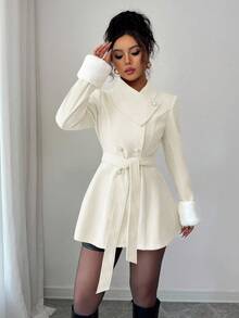 Elenzga 女士不对称领口设计，毛绒袖口，收腰设计，优雅大衣，适合日常通勤 - 杏色 - 查看 4