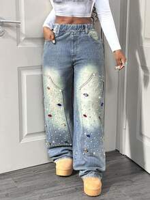 Slaydiva Omen's Jeans, Stylish Rhinestone Embellished Straight Leg Jeans, Retro Wash, Low-Rise Loose Straight Leg Pants, Y2K Jeans, Fashionable Street Style, Suitable For Parties, Music Festivals, Christmas, New Year, Valentine's Day. - Light Wash - View 5