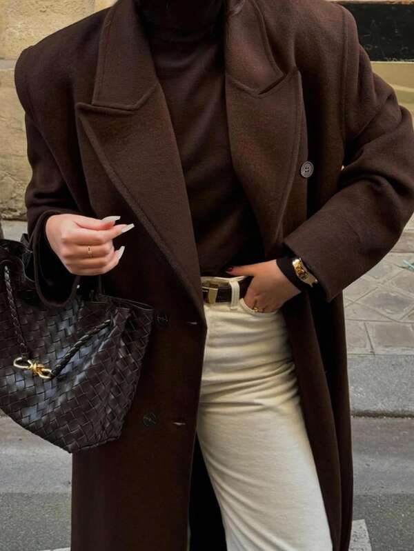 SHEIN LUNE CURVE Plus Size Women's Autumn/Winter New Design Sense Coat, High-Quality Wool Blend Long Jacket