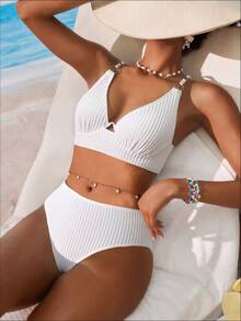 SHEIN Swim Women's Solid Color Ring Connected Sexy Bikini Swimsuit Set, Non-Push Up With Underwire - White - View 1