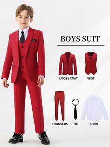 SHEIN 5pcs Tween Boys Suit Set - Notch Lapel Blazer + Single-Breasted Vest + Half-Elastic Waist Pants + Solid White Shirt + Tie, Suitable For Daily Wear, Awards Ceremony, Birthday Party, Wedding, Wedding Guest, Pageboy, Ring Boy - Red - View 7
