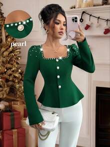 Elenzga Women's Elegant Commuter French Square Collar Bubble Pearl Crafted Puff Sleeve Long Sleeve Casual Blouse, Suitable For All Seasons, Autumn/Winter - Green - View 1