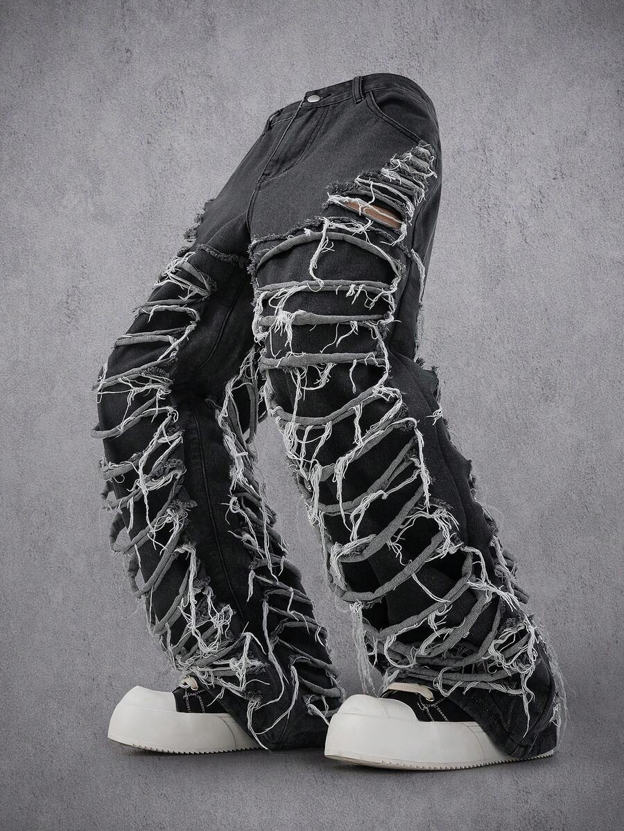 Manfinity Denimwave Men's Casual Distressed Ripped Frayed Hem Black & Grey Jeans Men Black Distressed Jeans Men Ripped Jeans - Dark Grey - View 1