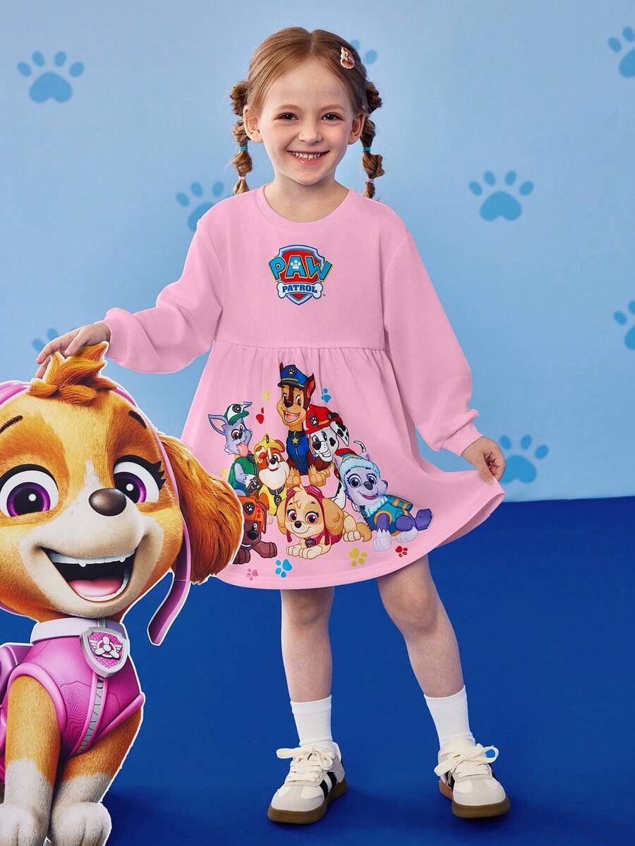 SHEIN | PAW Patrol 小女孩可爱卡通小狗印花圆领长袖针织连衣裙,适合秋冬季穿着 - 粉色 - 查看 1