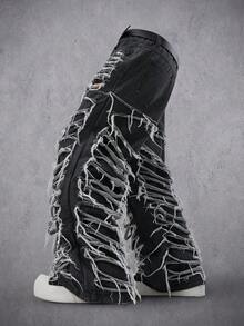 Manfinity Denimwave Men's Casual Distressed Ripped Frayed Hem Black & Grey Jeans Men Black Distressed Jeans Men Ripped Jeans - Dark Grey - View 3