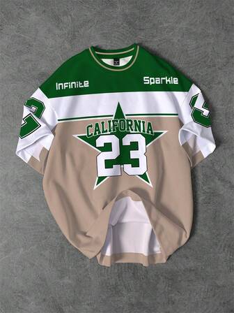 Manfinity Sporsity Camiseta de cuello redondo para hombre con estampado de estrella de California 23, bloque de color retro de estilo callejero clásico, camiseta deportiva casual de cuello redondo