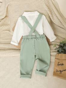 SHEIN 两件套男婴可爱绅士风正式套装，包括白色长袖领衬衫（带蝴蝶结）和休闲背带裤，时尚优雅帅气，适合生日派对、庆典、演出、婚礼、迎婴派对、洗礼等正式场合，春秋季穿着。 - 綠色 - 查看 2