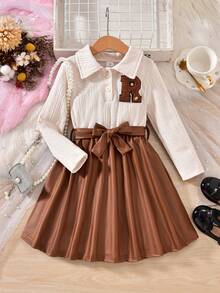 SHEIN Elladie kids Váy kẻ sọc dài tay cổ bẻ màu nâu cho bé gái, sinh động và dễ thương, thích hợp mặc dự tiệc, mặc hàng ngày, mùa thu/đông - màu nâu - Xem 3