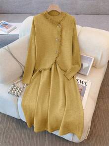 GlowEve Fashionable High-End Chic Round Neck Slimming Casual Long Cardigan & Knit Midi Dress 2 Pieces Set, Autumn/Winter - Pale Yellow - View 4