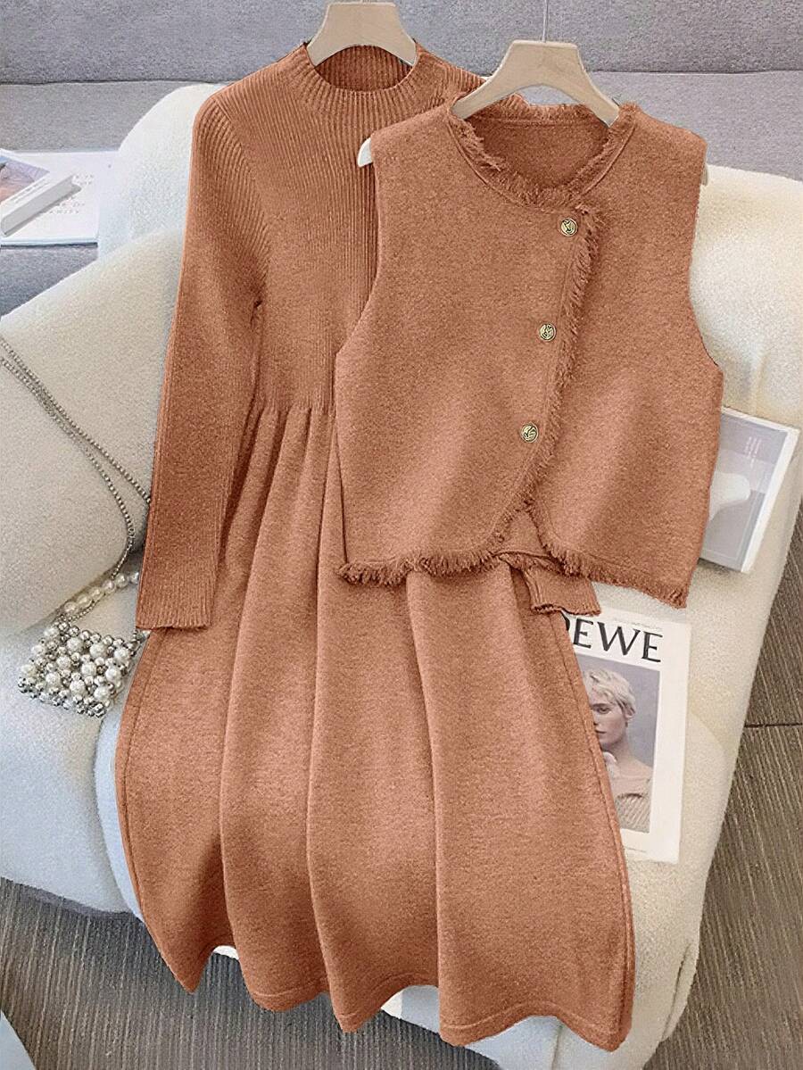 GlowEve Conjunto de dos piezas de elegante y sofisticado cárdigan casual de cuello redondo adelgazante y vestido de punto, para otoño/invierno - Rosa vieja - Ver 1