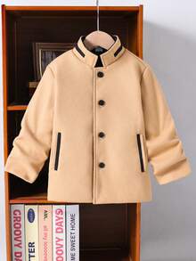 SHEIN 1件男童休闲撞色立领外套，秋冬季轻薄灰色长袖羊毛大衣，新款上市，适合日常穿着、户外活动、校园等场合。 - 卡其色 - 查看 3