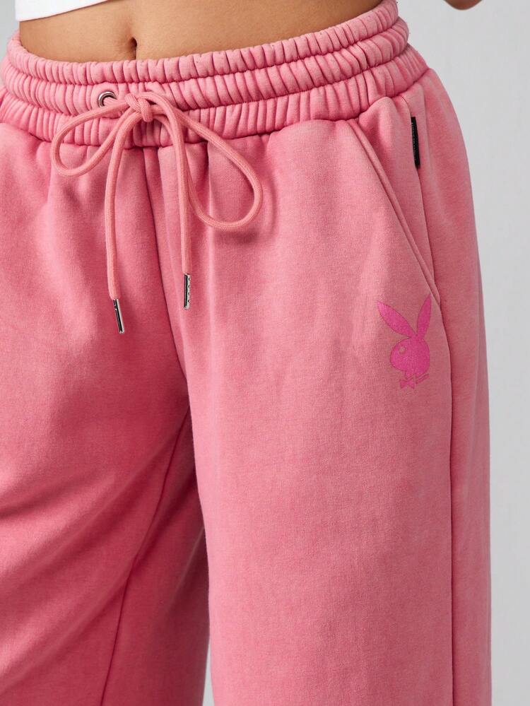 Missguided x Playboy Pantalones de chándal de pierna ancha y sobredimensionados para mujeres - Pantalones de chándal de algodón lavado casual con cintura con cordón y bolsillos laterales - Pantalones de salón de ajuste holgado