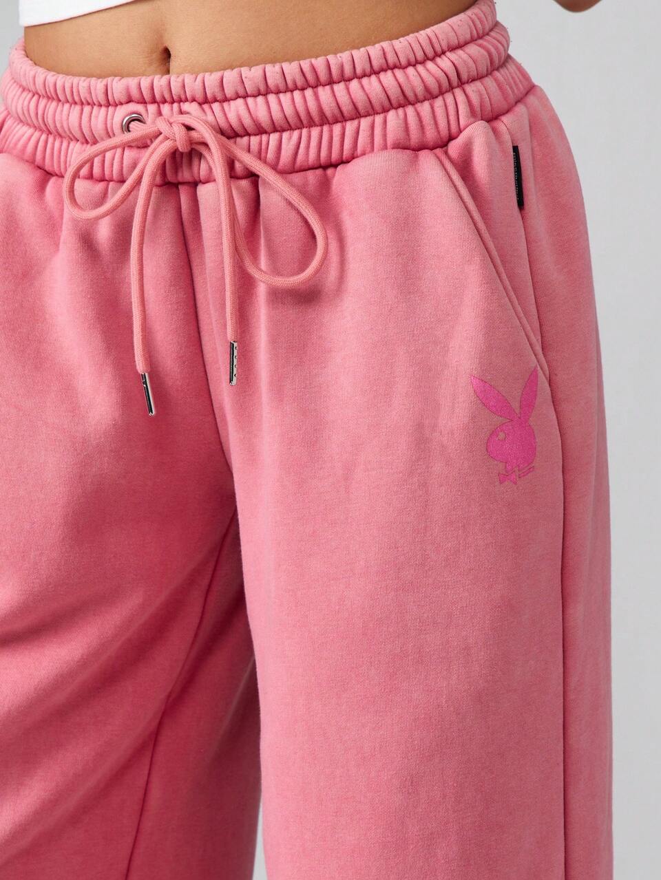 Missguided x Playboy Oversized Wide Leg Joggers For Women - Casual Washed Cotton Sweatpants With Drawstring Waist And Side Pockets - Loose Fit Lounge Pants