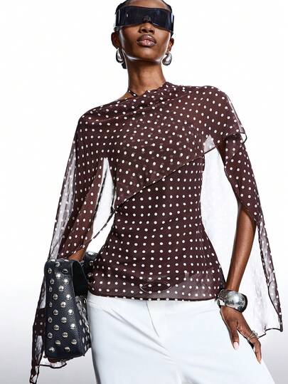 LYSMO 2025冬季极简主义女式Y2K波点印花金属装饰时尚吊带背心，适合圣诞节/新年/感恩节/毕业季/海滩/感恩节/新年等场合，时尚系列/棕色上衣