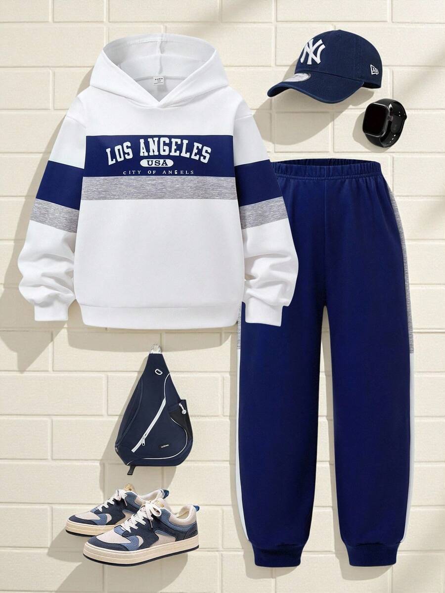 SHEIN Explorewe 2件套男童条纹图案印花运动衫和运动裤套装，休闲校园风格 - 藍色 - 查看 1