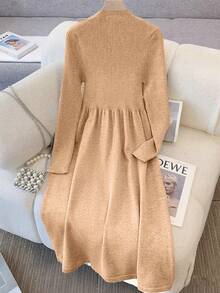GlowEve Fashionable High-End Chic Round Neck Slimming Casual Long Cardigan & Knit Dress Two Pieces Set, Autumn/Winter - Khaki - View 2