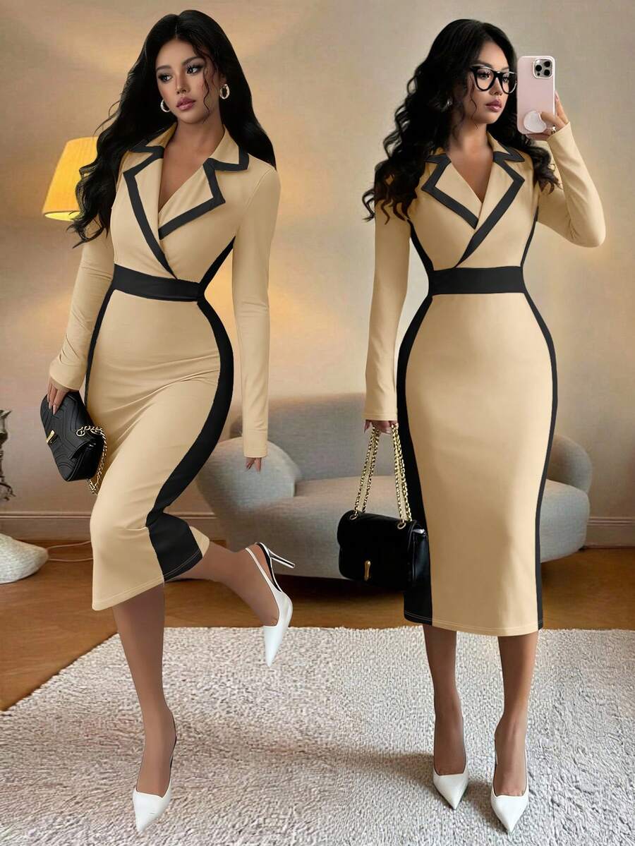 Elenzga Váy đen ngắn tay dáng ôm bó sát cổ bẻ màu tương phản thanh lịch dành cho nữ, mùa thu/đông - Màu Khaki - Xem 1