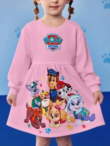 SHEIN | PAW Patrol 小女孩可爱卡通小狗印花圆领长袖针织连衣裙，适合秋冬季穿着 - 粉色 - 查看 3