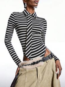 LYSMO 女士条纹翻领长袖系带休闲连体衣 - 黑與白 - 查看 9