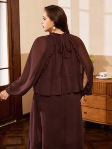 Elenzga Vestido feminino plus size de chiffon tecido, modelo regular, elegante e casual, com várias camadas de babados e mangas bufantes, na cor marrom. - Castanho - Ver 7