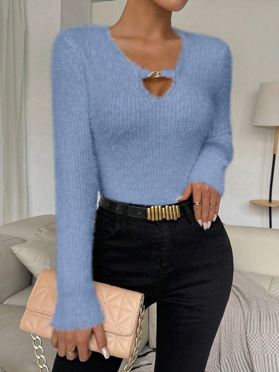 Xyvia Solid Color Raglan Sleeve Hollow Out Fitted Knit Sweater - Blue - View 1