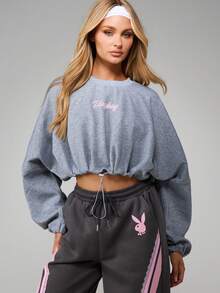 Missguided x Playboy Bunny Logo Heathered Sweatshirt With Drawstring Hem And Long Sleeves For Casual Comfort - Light Grey - View 1