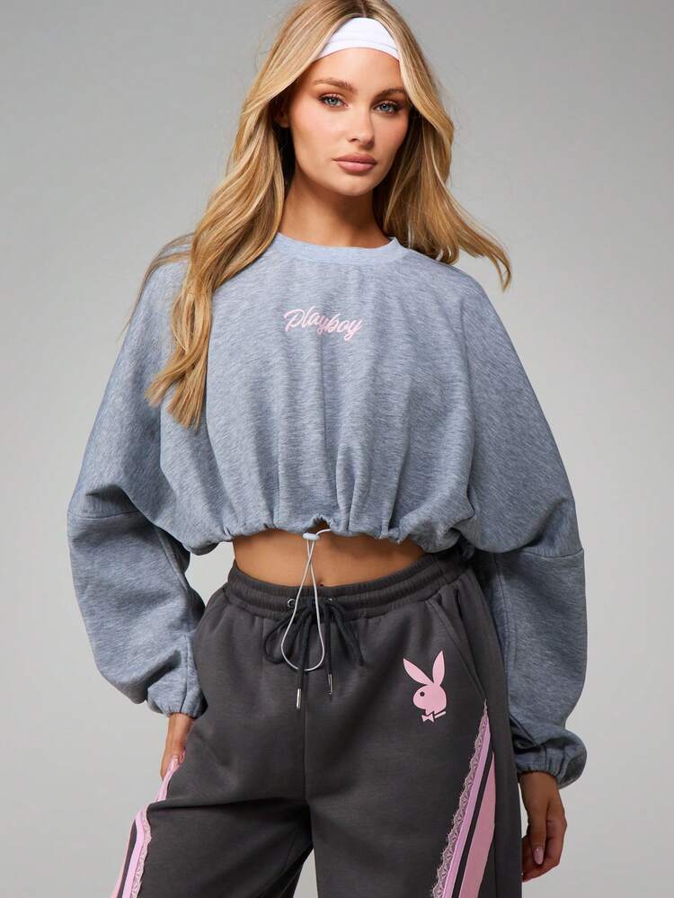 Missguided x Playboy Bunny Logo Heathered Sweatshirt With Drawstring Hem And Long Sleeves For Casual Comfort