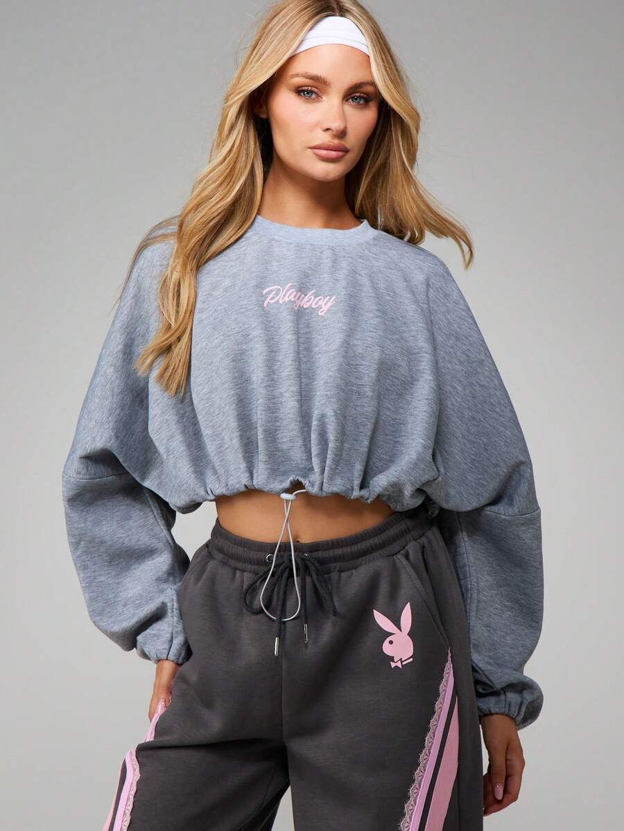 Missguided x Playboy Bunny Logo Heathered Sweatshirt With Drawstring Hem And Long Sleeves For Casual Comfort - Light Grey - View 1