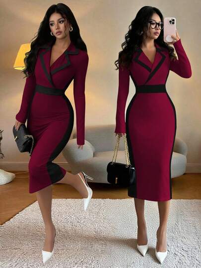 Elenzga Women's Elegant Contrast Color Blazer Collar Fitted Bodycon Long Sleeve Little Black Dress, Autumn/Winter