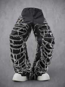 Manfinity Denimwave Men's Casual Distressed Ripped Frayed Hem Black & Grey Jeans Men Black Distressed Jeans Men Ripped Jeans - Dark Grey - View 4