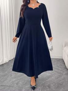 Modelyn 大码水钻装饰腰部A字长袖针织连衣裙，优雅时尚 - 藍色 - 查看 2