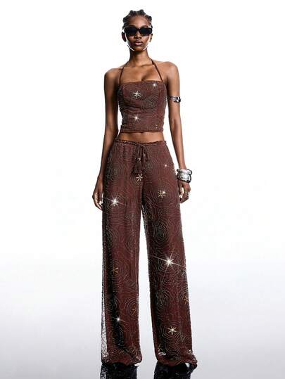 LYSMO Women's Punk Style Halter Neck Tank Top & Long Pants 2 Pieces Set